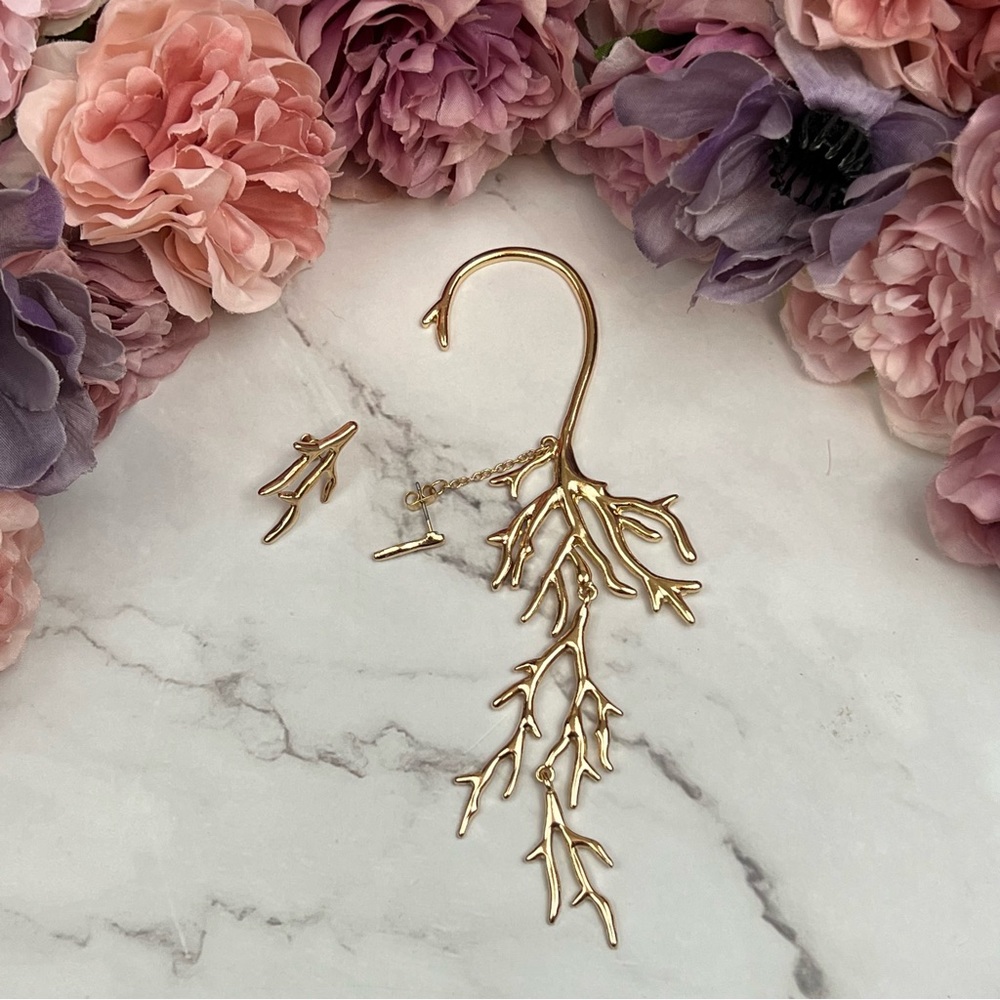 Boho Punk Asymmetric Long Dangling Gold Branch Cuff Earring - Picture 5 of 14